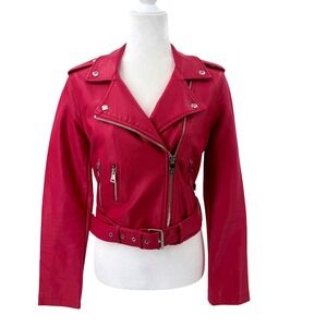 Levi Strauss & Co Bright Lipstick Red Faux Leather Moto Biker Jacket Belted S